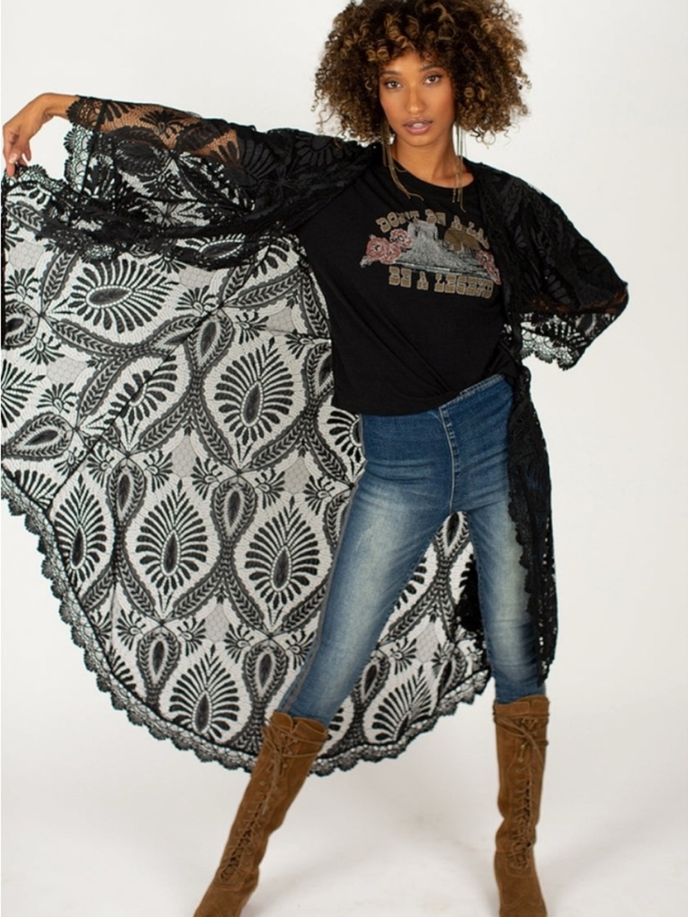 Joyfolie Black Lace Esme Lacy Kimono Kimono
